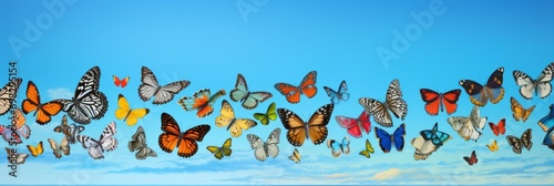 Bright blue sky with clouds and flying colorful butterflies  banner