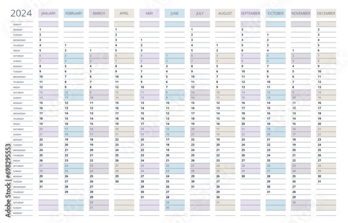 Vertical 2024 calendar vector, english language. 2024 Calendar of 12 Months