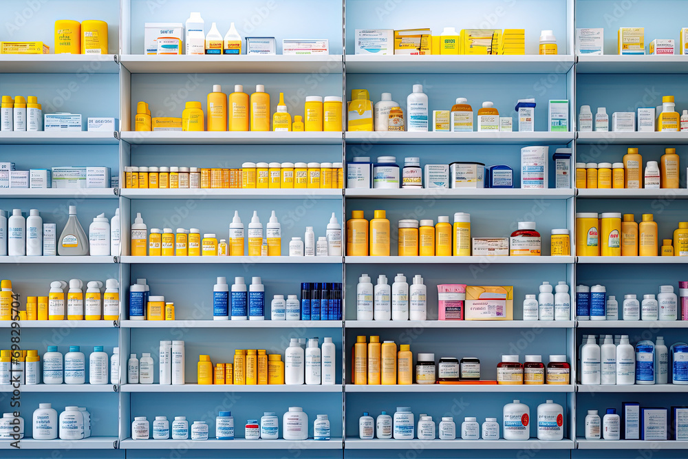 A pharmacy with shelves of medications, offering a variety of health products for treatment.
