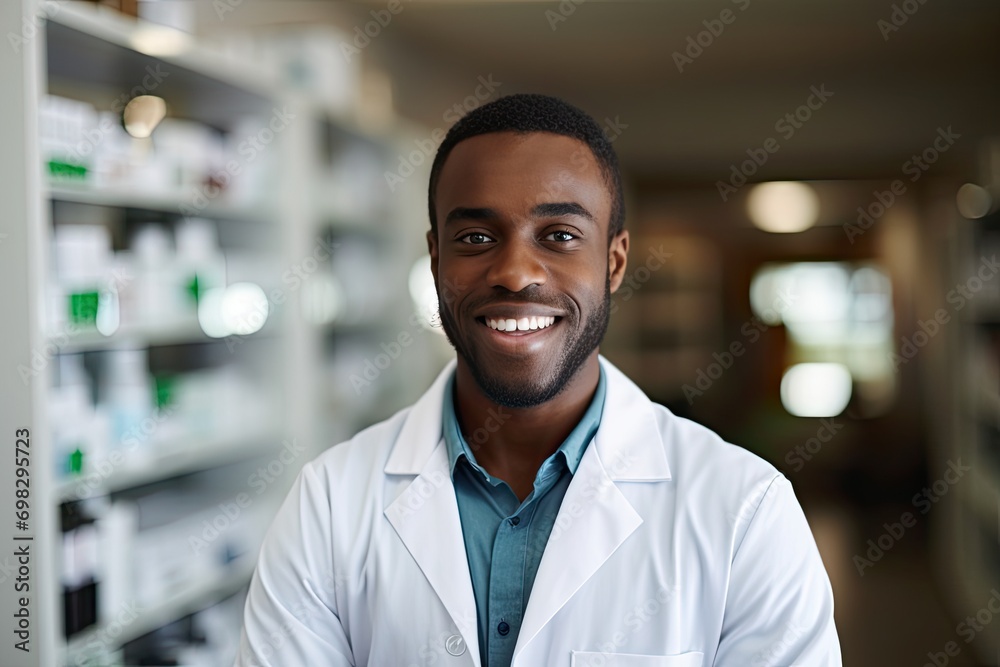 A smiling black pharmacist in a white coat provides expert healthcare with a confident demeanor. A smiling black pharmacist in a white coat provides expert healthcare with a confident demeanor.