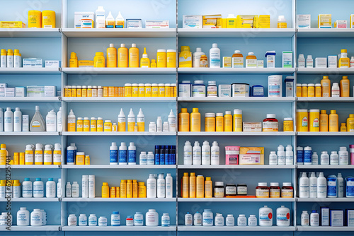 A pharmacy with shelves of medications, offering a variety of health products for treatment.