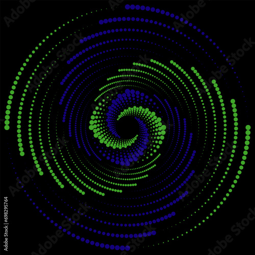 swirl of blue green balls, abstract spiral rotating and twisting lines, computer generated background, 3D rendering background