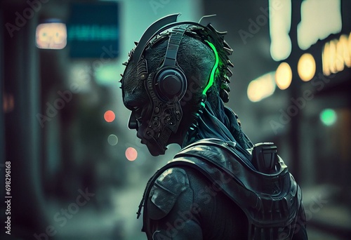 Sci-fi fantasy:urbanized alien with green skin walking with headphones and music on an urban street downtown, made by generative AI