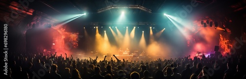 Concert stage, bright light rays and colored smoke above a crowd of spectators. Concept: design of music events