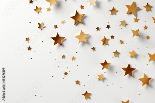 Golden stars confetti on white background. Festive concept. 3D Rendering