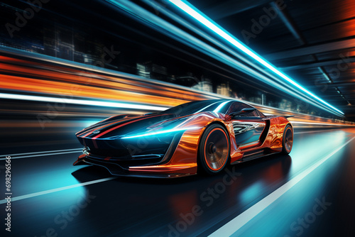 Sport car on the road with motion blur background. 3d rendering photo