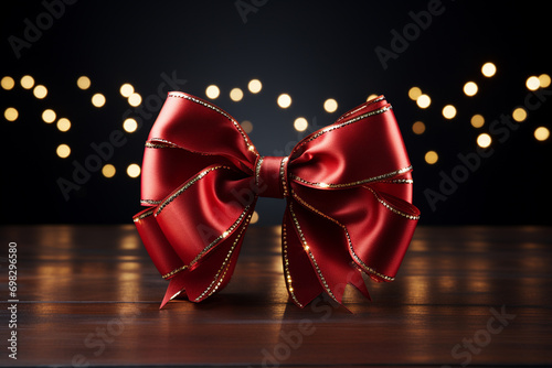 Red bow on a wooden table with bokeh lights on background photo