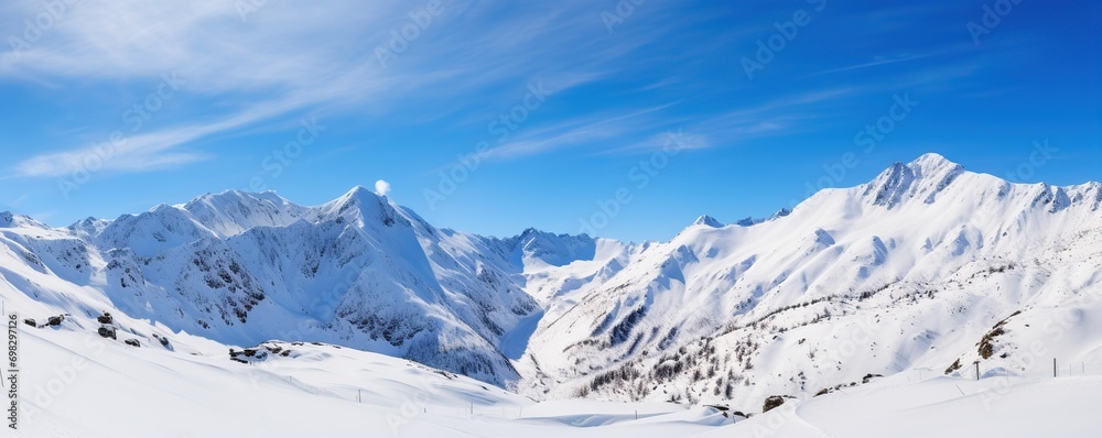 Panorama of snowy mountains in winter