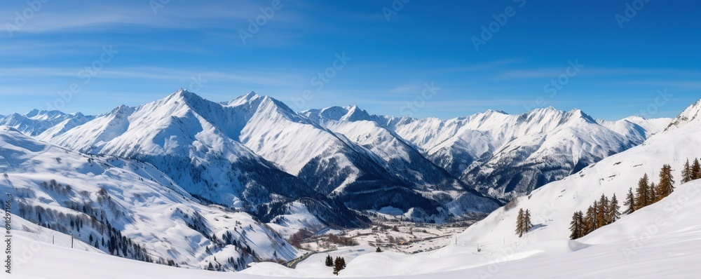 Panorama of snowy mountains in winter