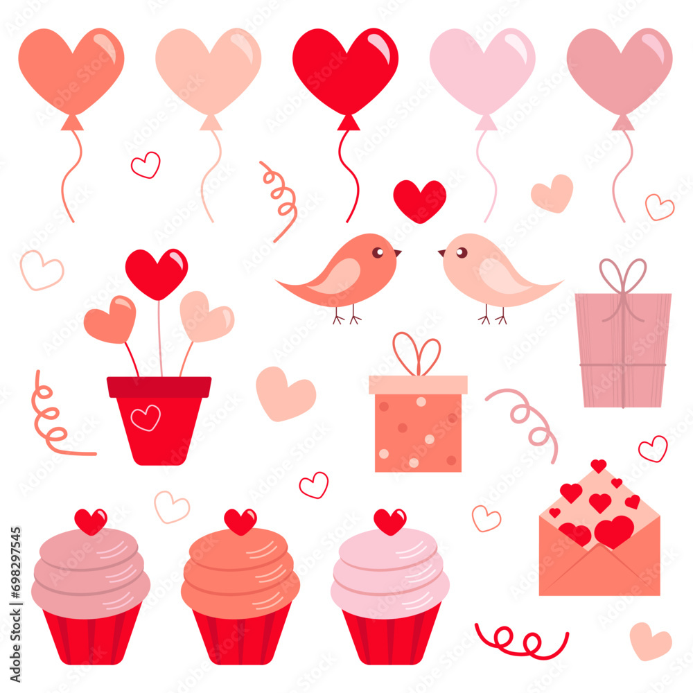 Set of Valentine's Day elements, hand drawn.Vector icons, isolated on white background.