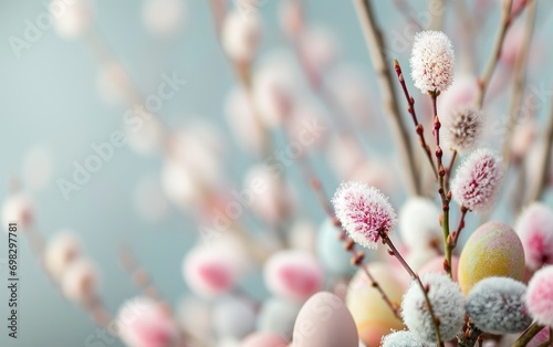 Easter eggs and pussy willow branches on a blue wooden background