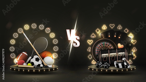 Sports betting VS Casino in gold and neon on a black background.