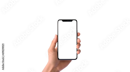 View fornt a hand holding smart phone with blank screen, isolated on transparent background. mock up smartphone.