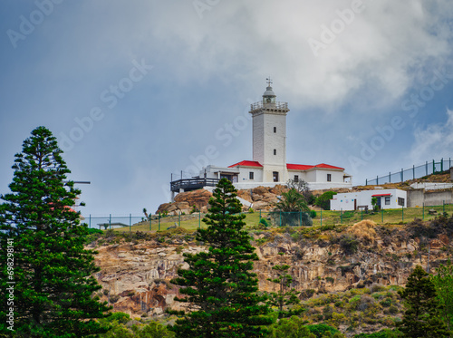 Cape St Blaize Lighthouse from beach front, Mossel Bay, Western Cape, South Africa