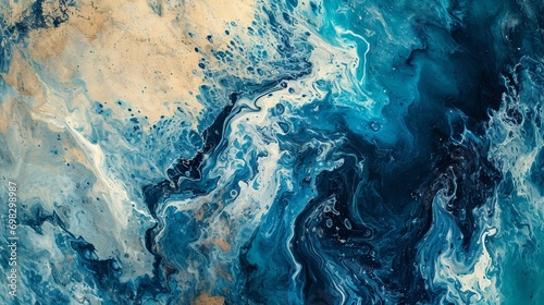 An abstract aerial view of a coastal area, depicted in blue watercolor paint marble, showing the interaction of land and sea.