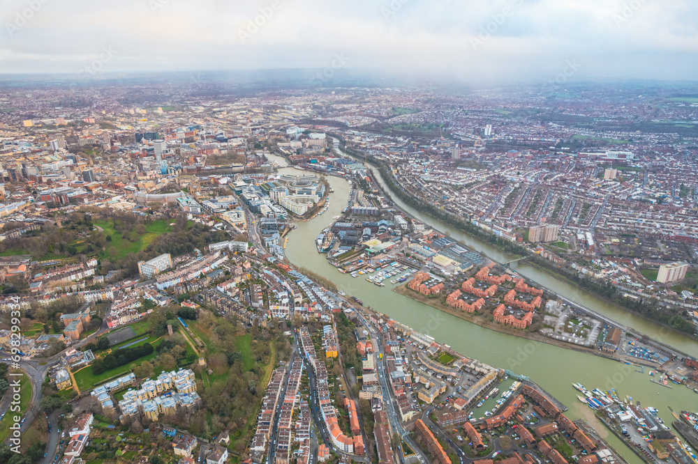 beautiful aerial view of the River Avon and downtown area of Bristol, UK