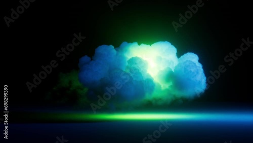 looped 3d render. Bright green neon light shines inside the blue cloud, hanging above the ground, isolated on black background. Abstract paranormal wallpaper. Cumulus illuminated from inside