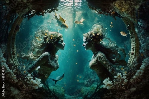 Magical mermaids in a mystical underwater paradise: a captivating moment. Generative AI