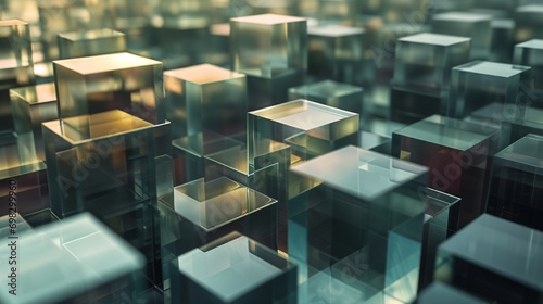 An arrangement of cube boxes in a 3D perspective, with a mix of transparent and solid faces, showcasing an abstract, modern art concept.