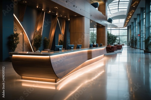 Foto Modern lobby, an empty reception desk for hotel or office
