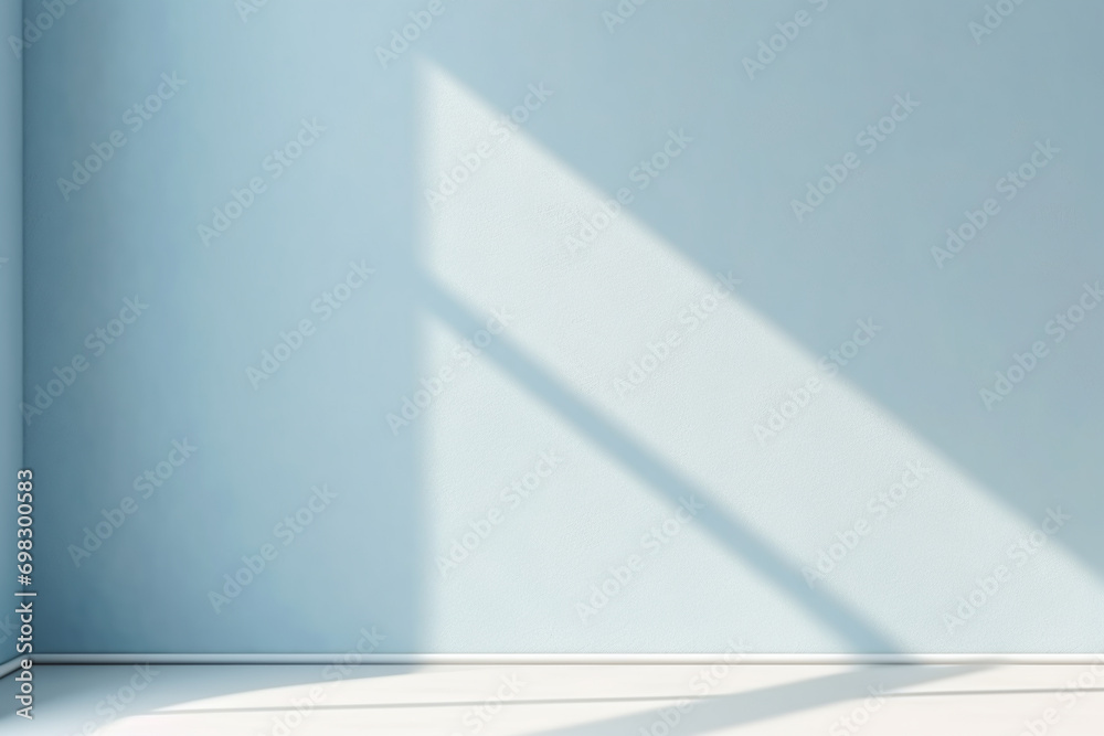 minimalist interior blue wall and light from the window for product presentation with copy space 