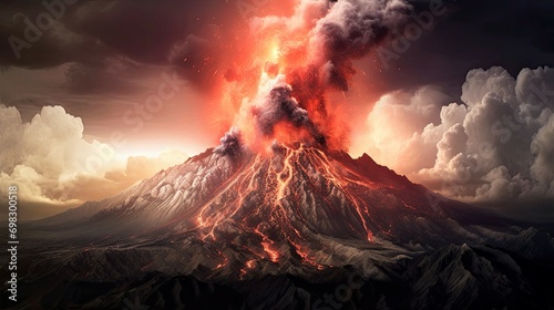 Volcanic eruption with smoke and lava flowing down the mountain