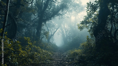 An enchanting forest background with dense foliage and mystical fog  creating a serene and mysterious atmosphere.