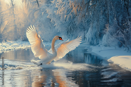 graceful white swan takes off from the water at dawn in morning against the backdrop of winter landscape. photo