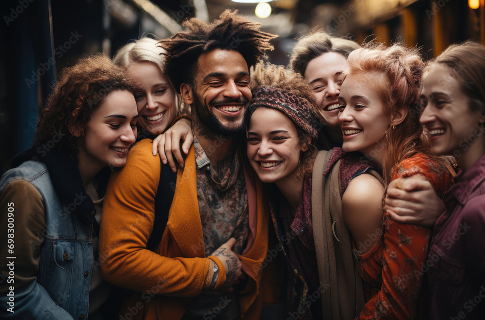 A joyous group of friends embraces in a crowded outdoor setting, their smiling faces and warm clothing reflecting the strong bond of friendship between the man, woman, and girl