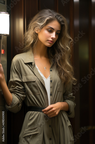 A stylish fashion model poses confidently in an elevator, her long hair cascading over her coat and dress as she prepares for a photo shoot in the sleek indoor setting