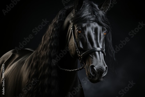 Portrait of a Friesian horse in profile with black glossy fur and long wavy mane, plain background, elegance and noble animal Concept: equestrian sports and artiodactyl exhibitions