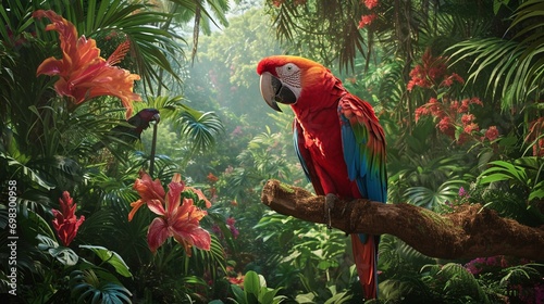 An exotic bird paradise with amazingly bright plumage, tropical flowers, and lush vegetation, creating a vivid and lively artwork that celebrates nature's beauty.