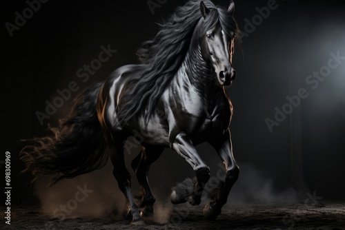 Portrait of a Friesian horse in profile with black glossy fur and long wavy mane  plain background  elegance and noble animal Concept  equestrian sports and artiodactyl exhibitions