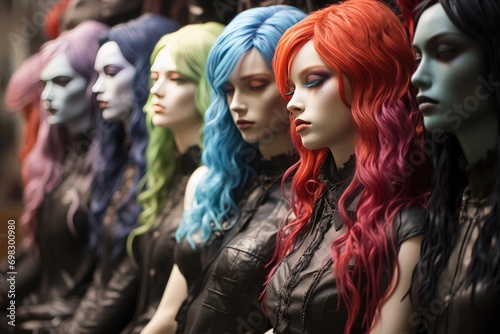 A group of mannequins donning vibrant wigs in various shades of red, embodying the spirit of halloween with their gothic subculture-inspired costumes and cosplay of fictional characters, evoking a se photo
