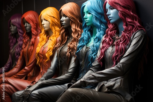 Dyed wigs on display in a shop