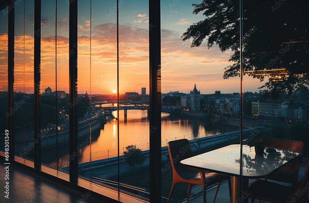 Captured from a window, the tranquil river reflects the fiery sunset as the cityscape comes to life, surrounded by lush trees and stylish outdoor furniture