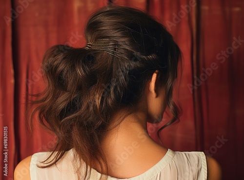 A girl stands in front of a curtain, her skin glowing as she ties her hair into a bun, revealing a delicate neck and showcasing her effortless style photo