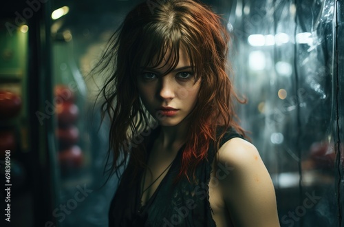 A striking woman with fiery red hair gazes confidently at the camera, her long locks cascading over her shoulder as she stands by a window, her fashion sense and bold lip color showcasing her unique 