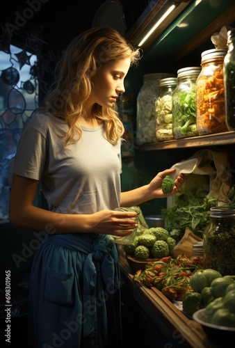 A local greengrocer woman stands proudly in her indoor marketplace, showcasing her fresh produce of vibrant broccoli while holding a glass jar and a napkin in hand, ready to sell and trade with custo photo
