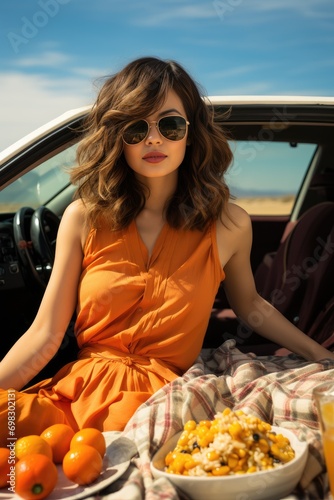 A fashionable woman with stylish sunglasses sits in her car, enjoying the beautiful outdoor scenery as she indulges in a juicy orange, embodying the perfect combination of effortless style and refres photo