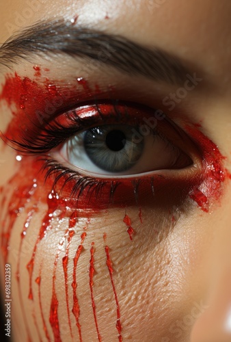 A haunting closeup of a person's eye, with blood and mascara streaked across their lashes, revealing the delicate organ and intricate blood vessels beneath, evoking a sense of vulnerability and darkn photo