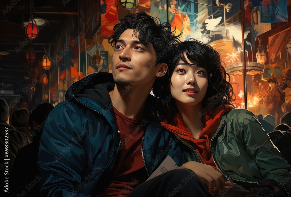 Obraz premium A captivating painting showcasing a man and woman intimately sitting together, their human faces adorned with emotion as their stylish jackets add to the artistic flair of the piece