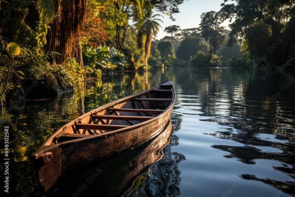 A tranquil journey on the serene waters, as a lone canoe glides past towering trees and reflects the vast sky above