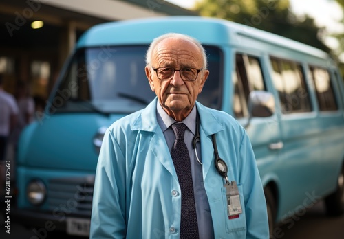 A sharply dressed businessman confidently stands in front of his sleek blue van, ready to conquer the streets with his powerful land vehicle photo