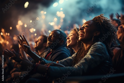 A vibrant sea of diverse faces adorned in colorful clothing eagerly await the start of an electrifying event, illuminated by the sparkling lights of fireworks and a man holding a bright flare, creati photo