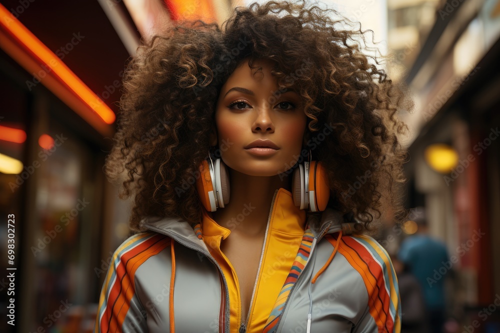 A vibrant woman with a curly jheri curl stands confidently on the ...