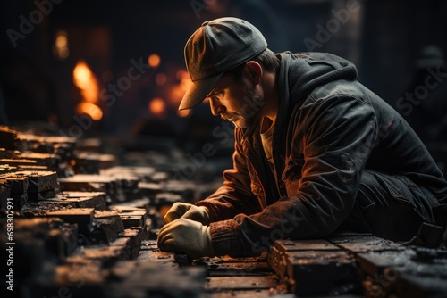A determined man, donning a hat and protective clothing, labors over a stack of bricks near a blazing fireplace, braving the intense heat and flames in his pursuit to create something sturdy and last