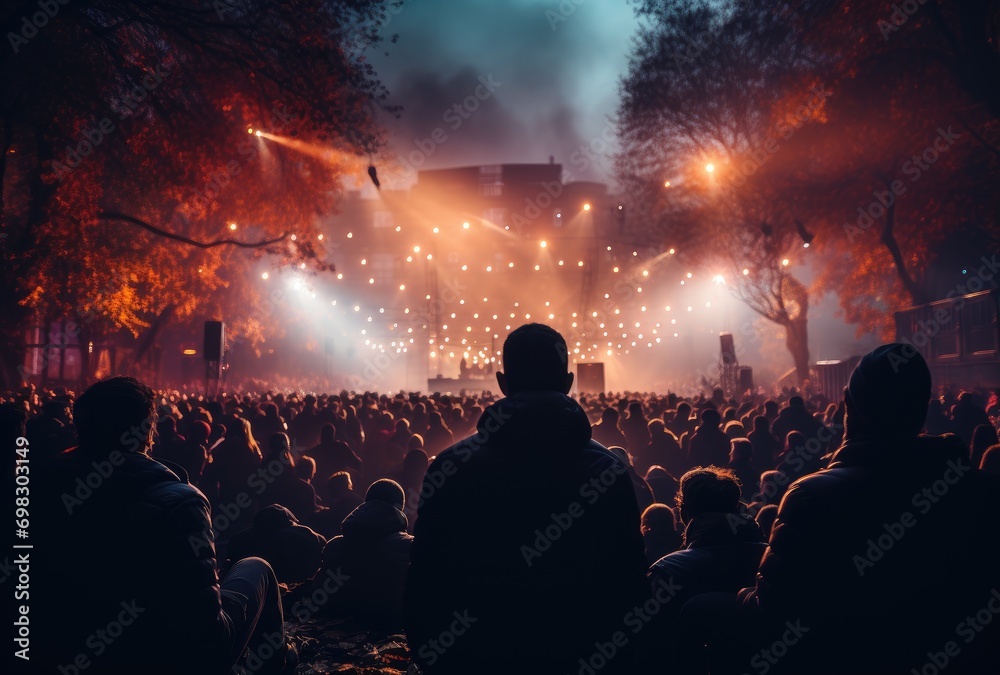 The night sky was ablaze with the brilliant flare of fireworks as a sea of music lovers gathered together outdoors to witness a sensational concert, their faces lit up with joy and excitement