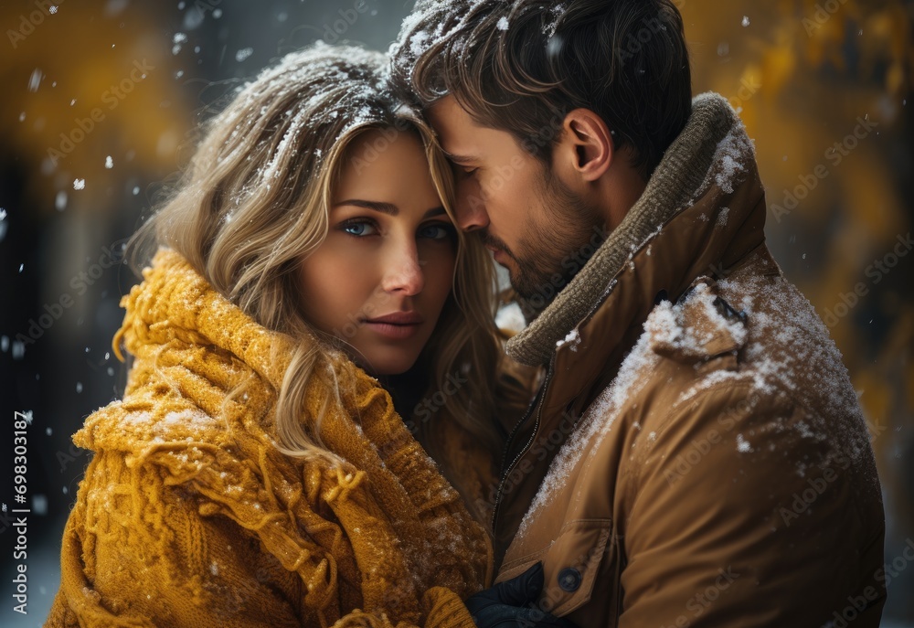 In the midst of a wintry wonderland, a couple shares a passionate kiss