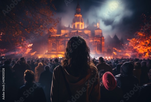 Under the night sky, a woman and a group of people gather outside a grand building, their clothing blending with the darkness as they admire its magnificence